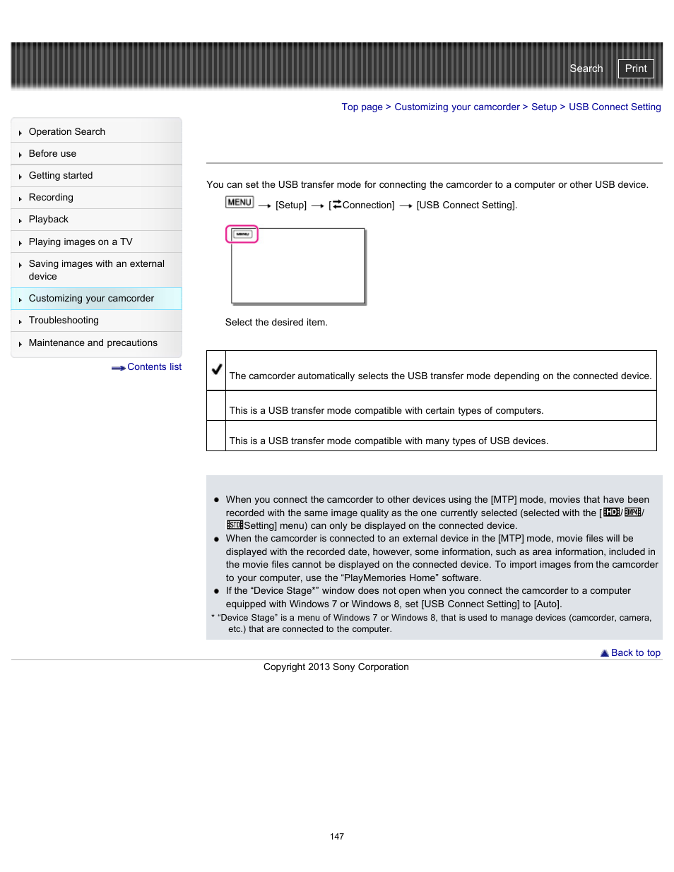 Usb connect setting, Handycam" user guide | Sony HDR-CX290 User Manual | Page 154 / 213