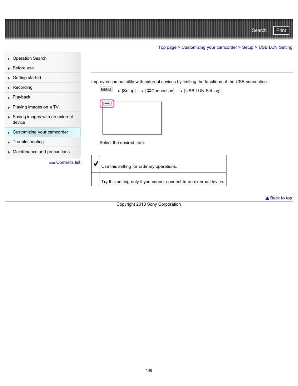 Usb lun setting, Handycam" user guide | Sony HDR-CX290 User Manual | Page 155 / 213