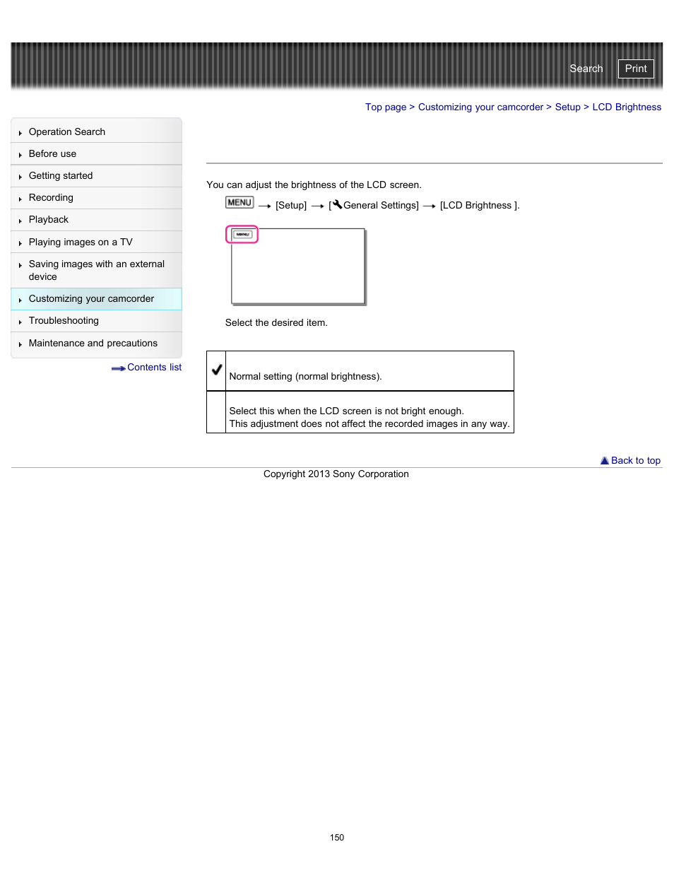 Lcd brightness, Handycam" user guide | Sony HDR-CX290 User Manual | Page 157 / 213