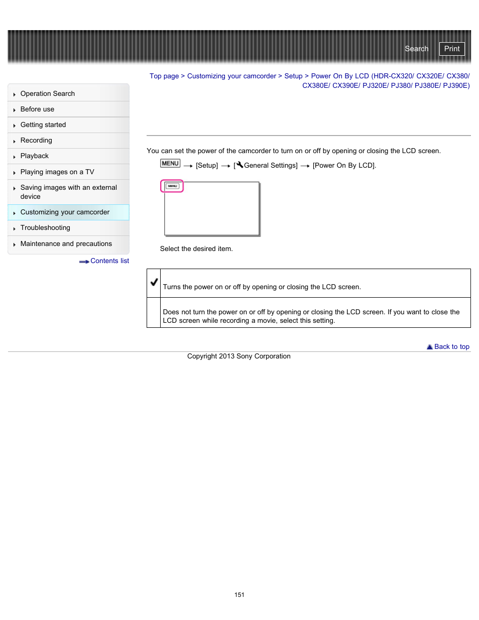 Power on by lcd, Pj380e/ pj390e), Pj390e) | Handycam" user guide | Sony HDR-CX290 User Manual | Page 158 / 213