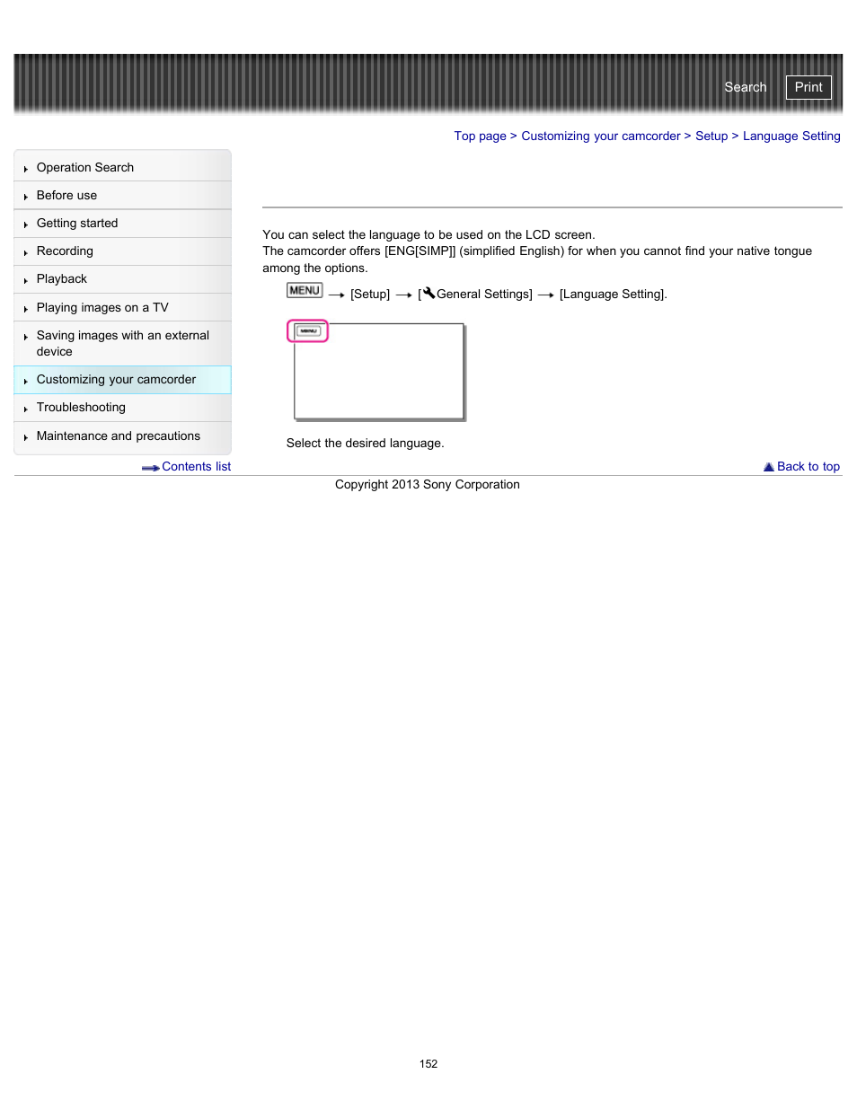 Language setting, Details, Handycam" user guide | Sony HDR-CX290 User Manual | Page 159 / 213