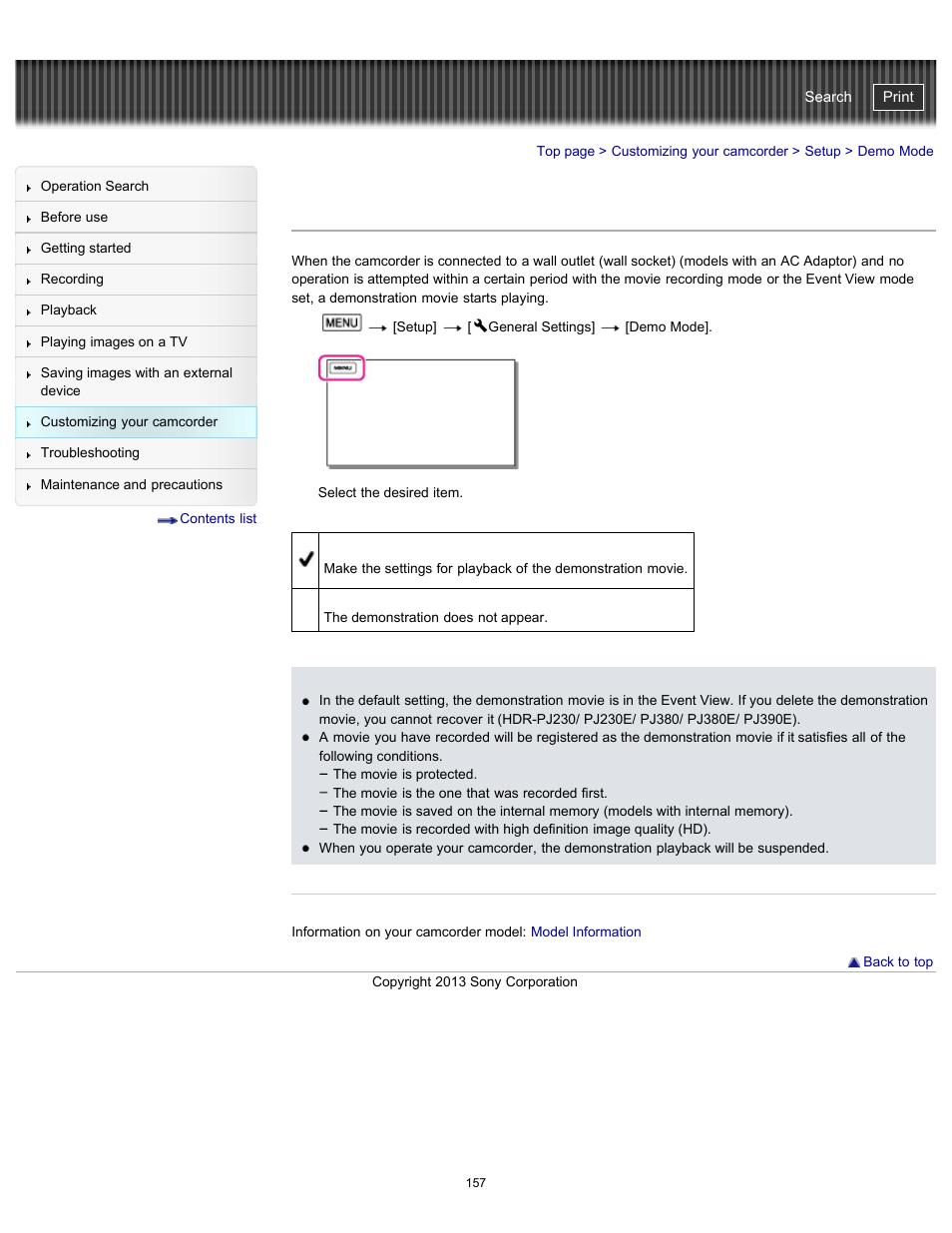 Demo mode, Handycam" user guide | Sony HDR-CX290 User Manual | Page 164 / 213