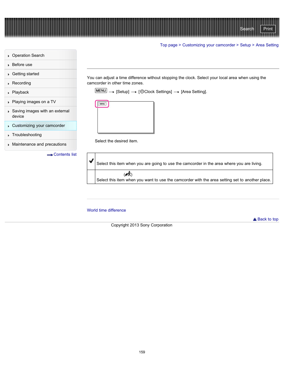 Area setting, Handycam" user guide | Sony HDR-CX290 User Manual | Page 166 / 213