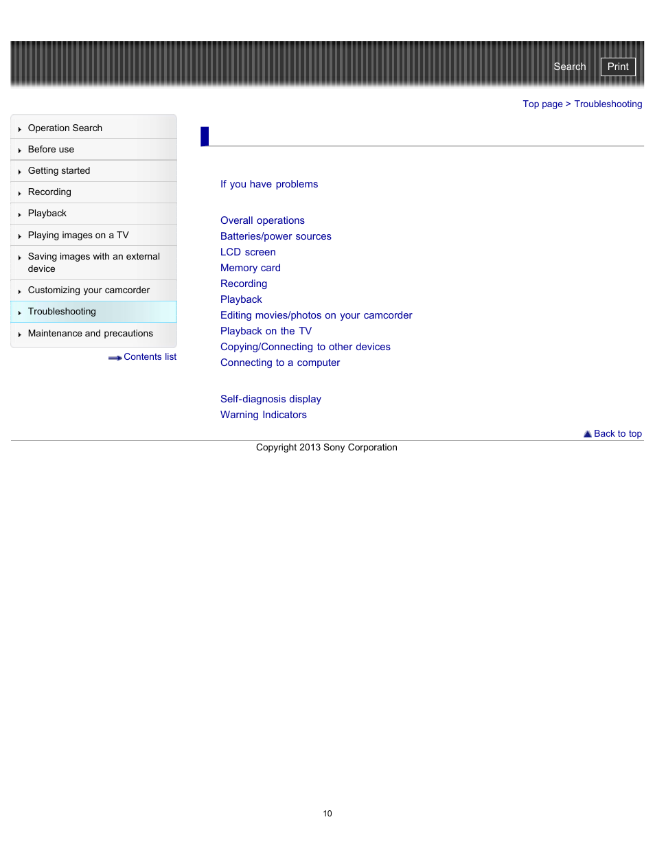 Troubleshooting, Self-diagnosis display/warning indicators, Handycam" user guide | Sony HDR-CX290 User Manual | Page 17 / 213