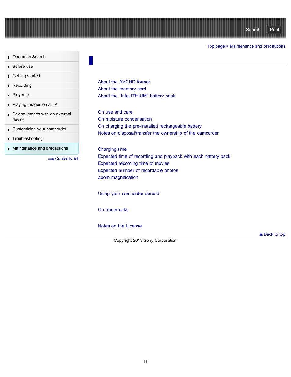 Maintenance and precautions, About handling of your camcorder | Sony HDR-CX290 User Manual | Page 18 / 213