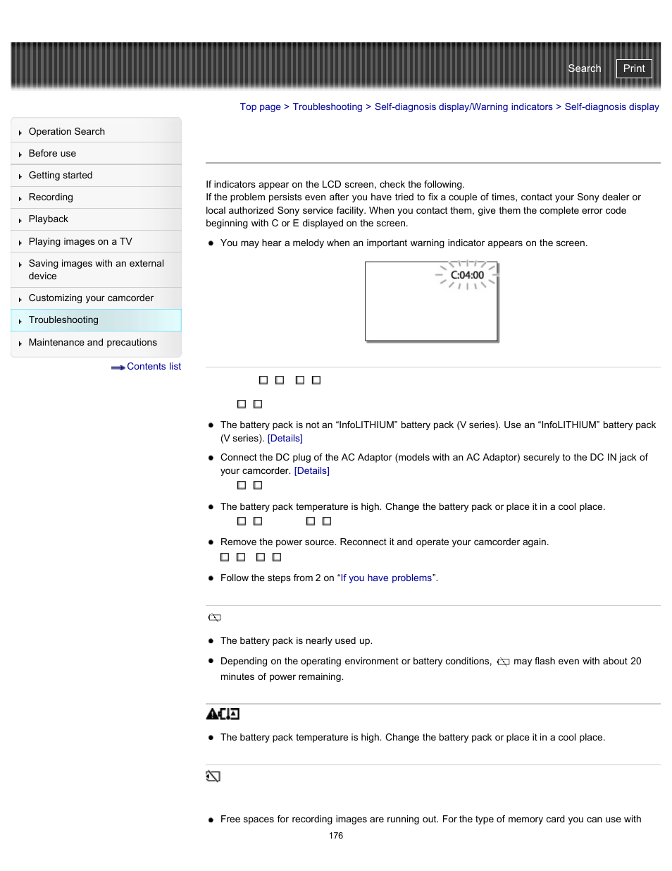 Self-diagnosis display, Handycam" user guide | Sony HDR-CX290 User Manual | Page 183 / 213