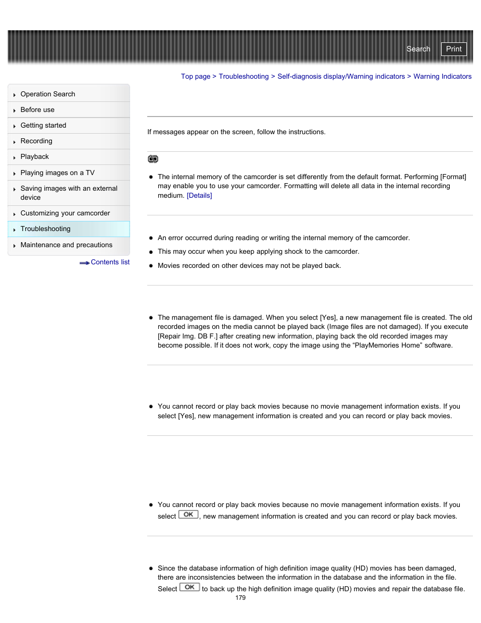 Warning indicators, Handycam" user guide | Sony HDR-CX290 User Manual | Page 186 / 213