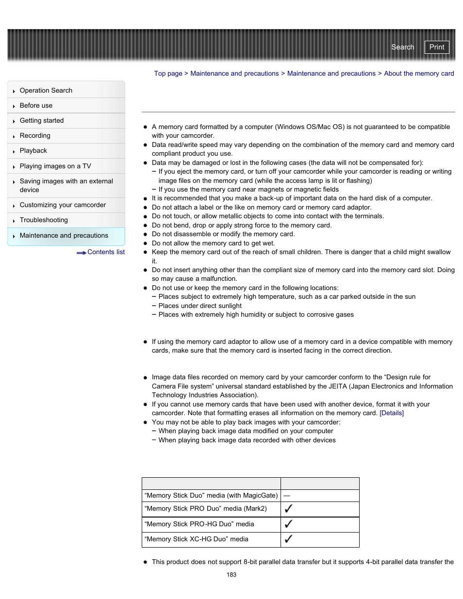 About the memory card, Details, Handycam" user guide | Sony HDR-CX290 User Manual | Page 190 / 213