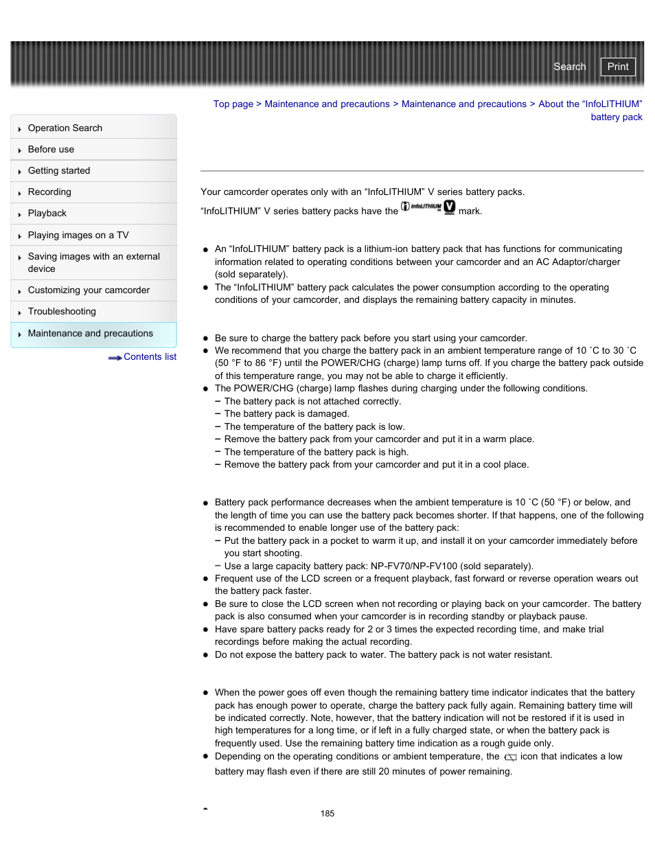 About the “infolithium” battery pack, Details | Sony HDR-CX290 User Manual | Page 192 / 213