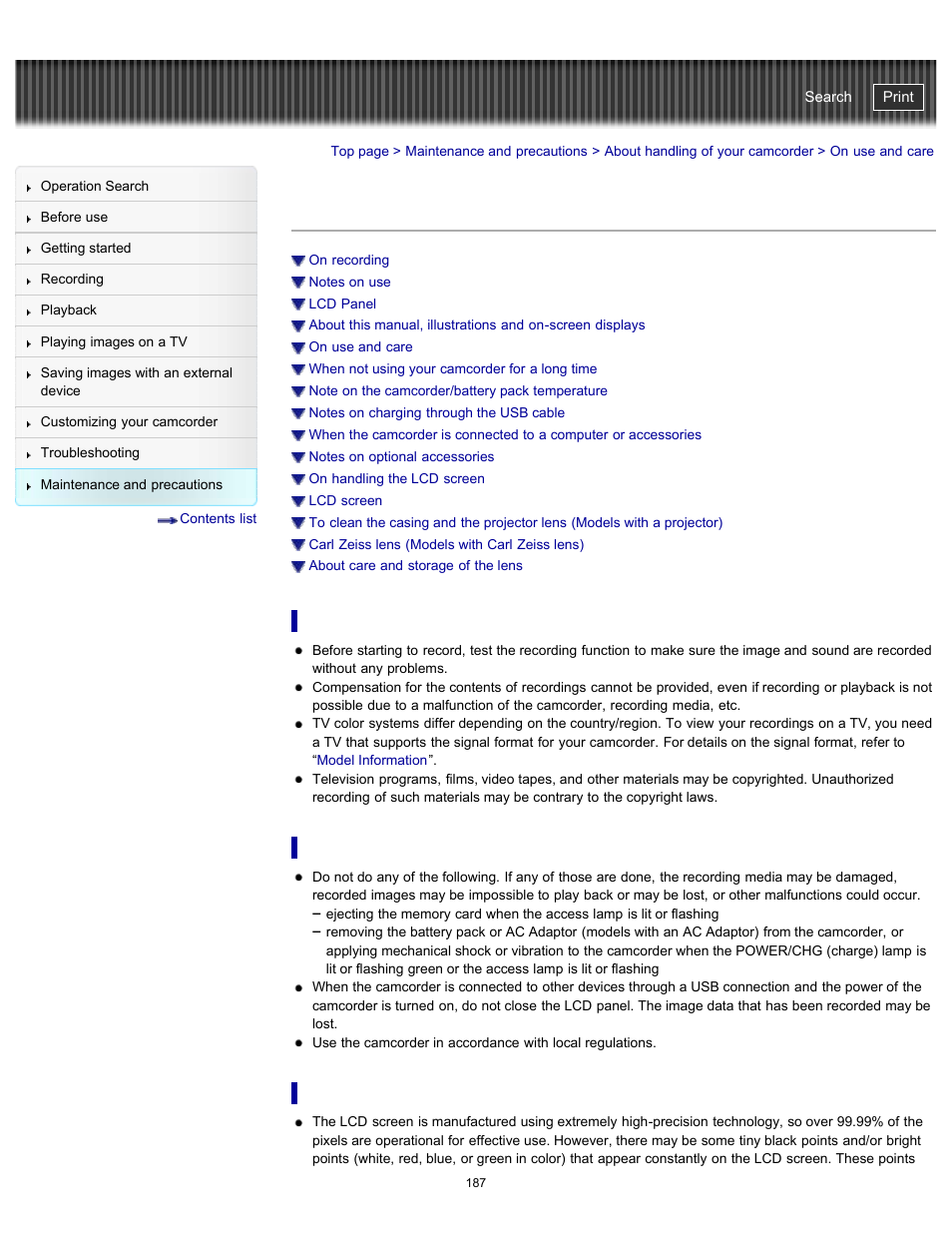 On use and care, On recording, Notes on use | Lcd panel | Sony HDR-CX290 User Manual | Page 194 / 213