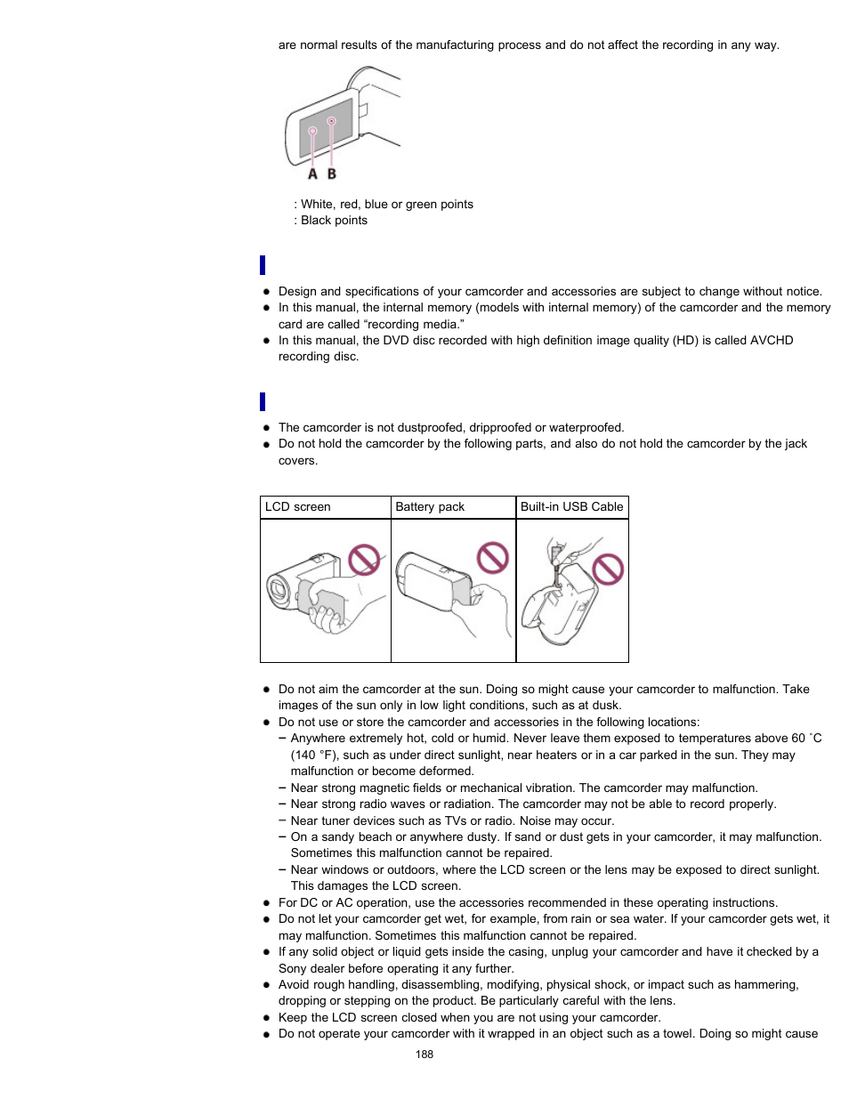 On use and care | Sony HDR-CX290 User Manual | Page 195 / 213