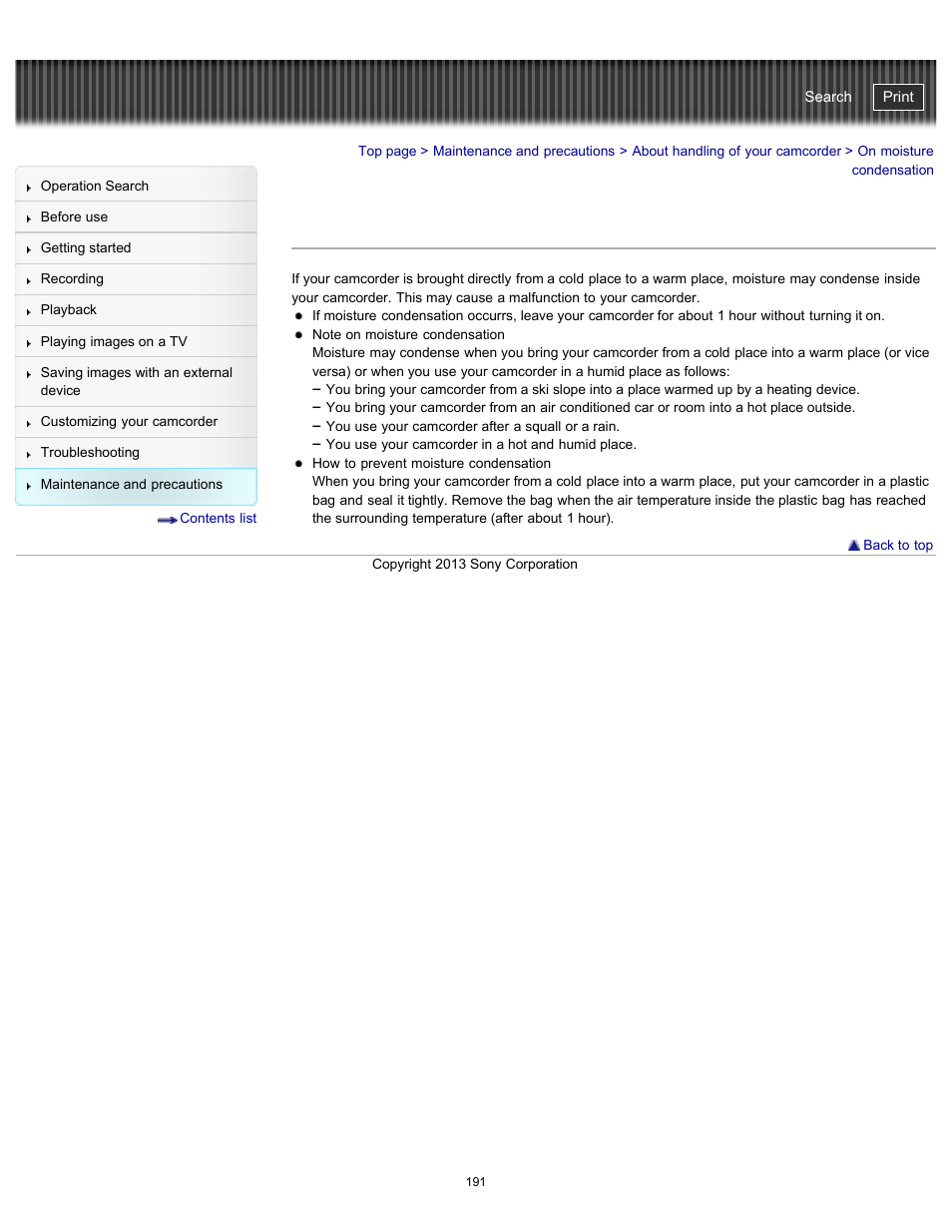 On moisture condensation, Handycam" user guide | Sony HDR-CX290 User Manual | Page 198 / 213