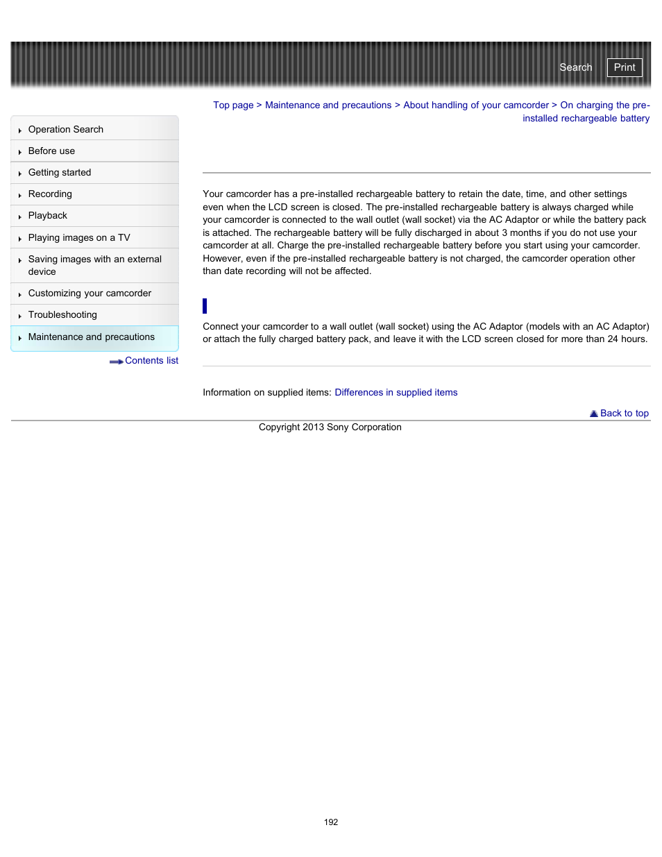 On charging the pre-installed rechargeable battery, Handycam" user guide | Sony HDR-CX290 User Manual | Page 199 / 213