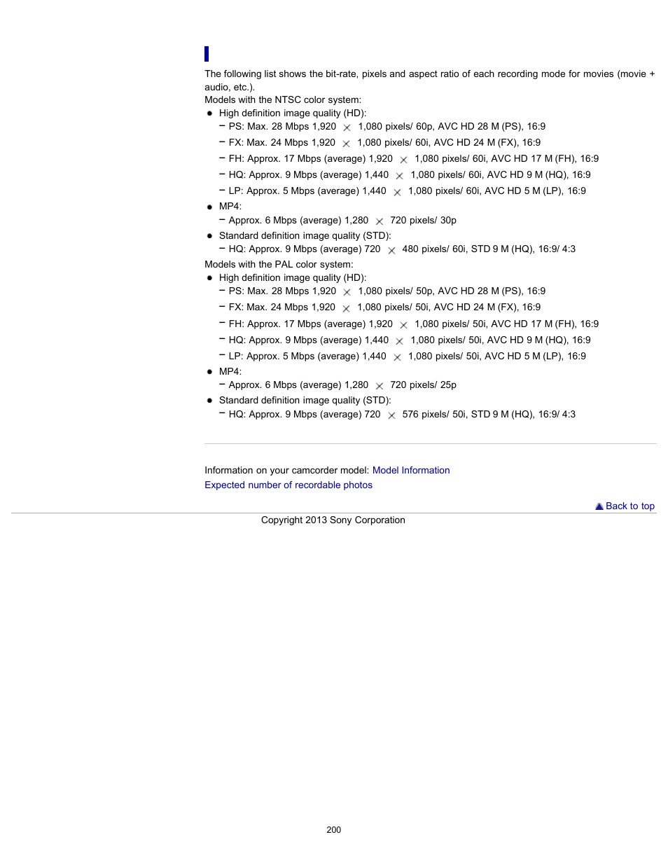 Bit-rate and recording pixels | Sony HDR-CX290 User Manual | Page 207 / 213