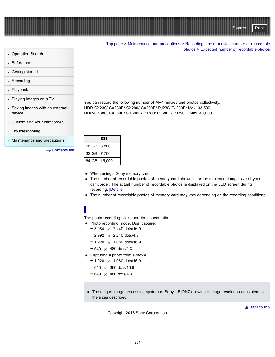 Expected number of recordable photos, Recording pixels, Details | Handycam" user guide | Sony HDR-CX290 User Manual | Page 208 / 213