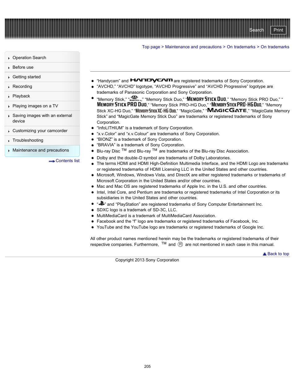 On trademarks, Handycam" user guide | Sony HDR-CX290 User Manual | Page 212 / 213