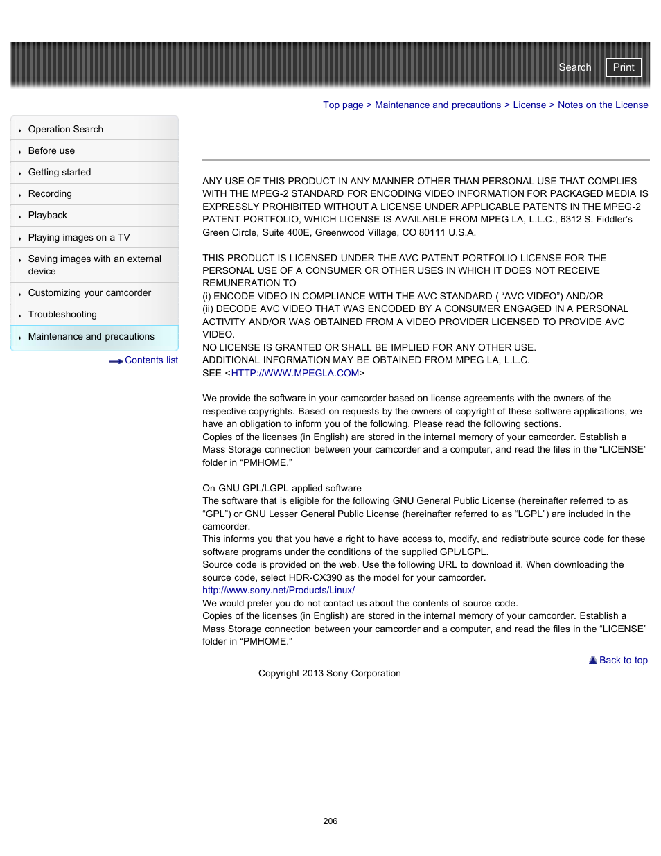 Notes on the license, Handycam" user guide | Sony HDR-CX290 User Manual | Page 213 / 213