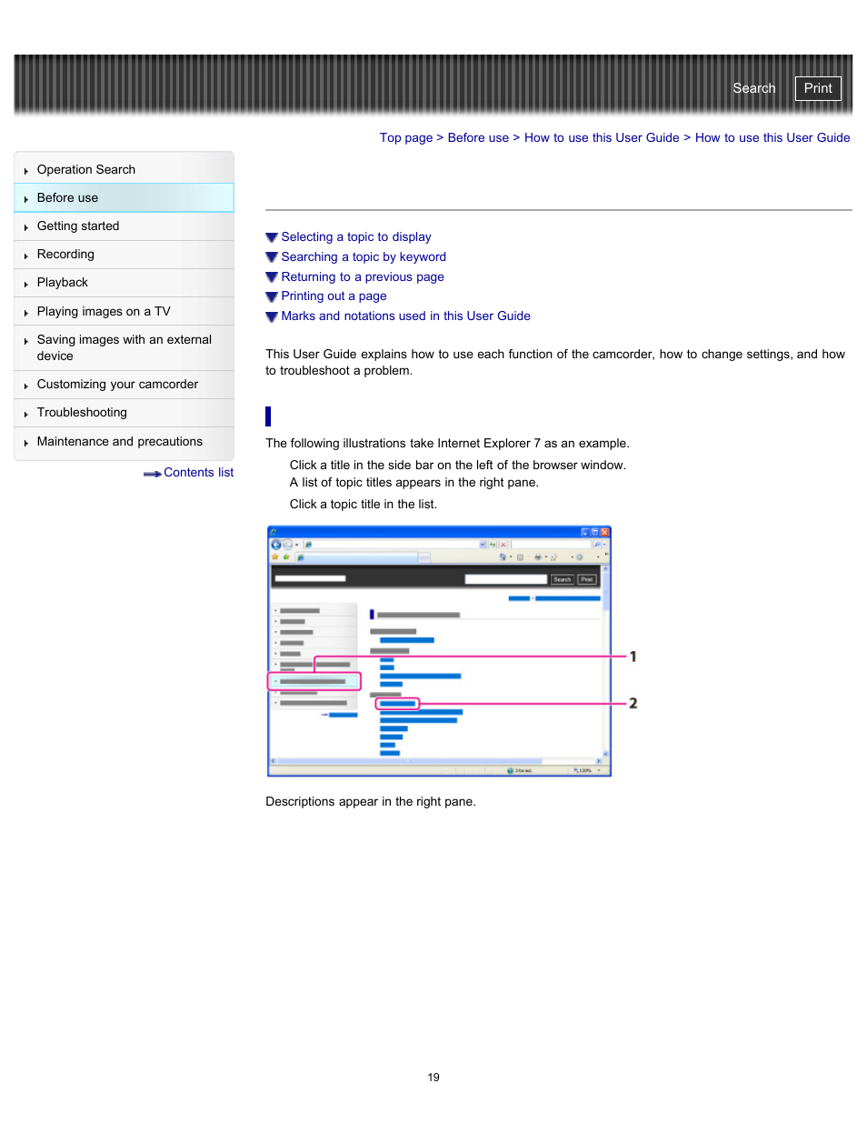 How to use this user guide, Selecting a topic to display, Handycam" user guide | Sony HDR-CX290 User Manual | Page 26 / 213