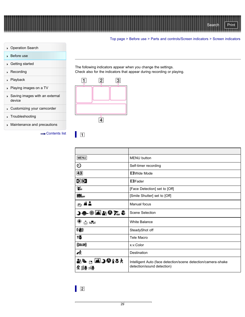 Screen indicators, Handycam" user guide | Sony HDR-CX290 User Manual | Page 36 / 213