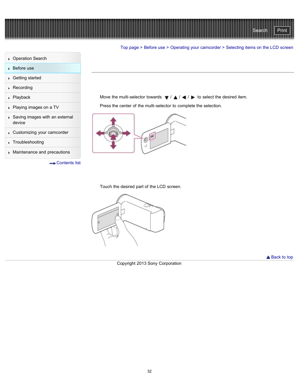 Selecting items on the lcd screen | Sony HDR-CX290 User Manual | Page 39 / 213