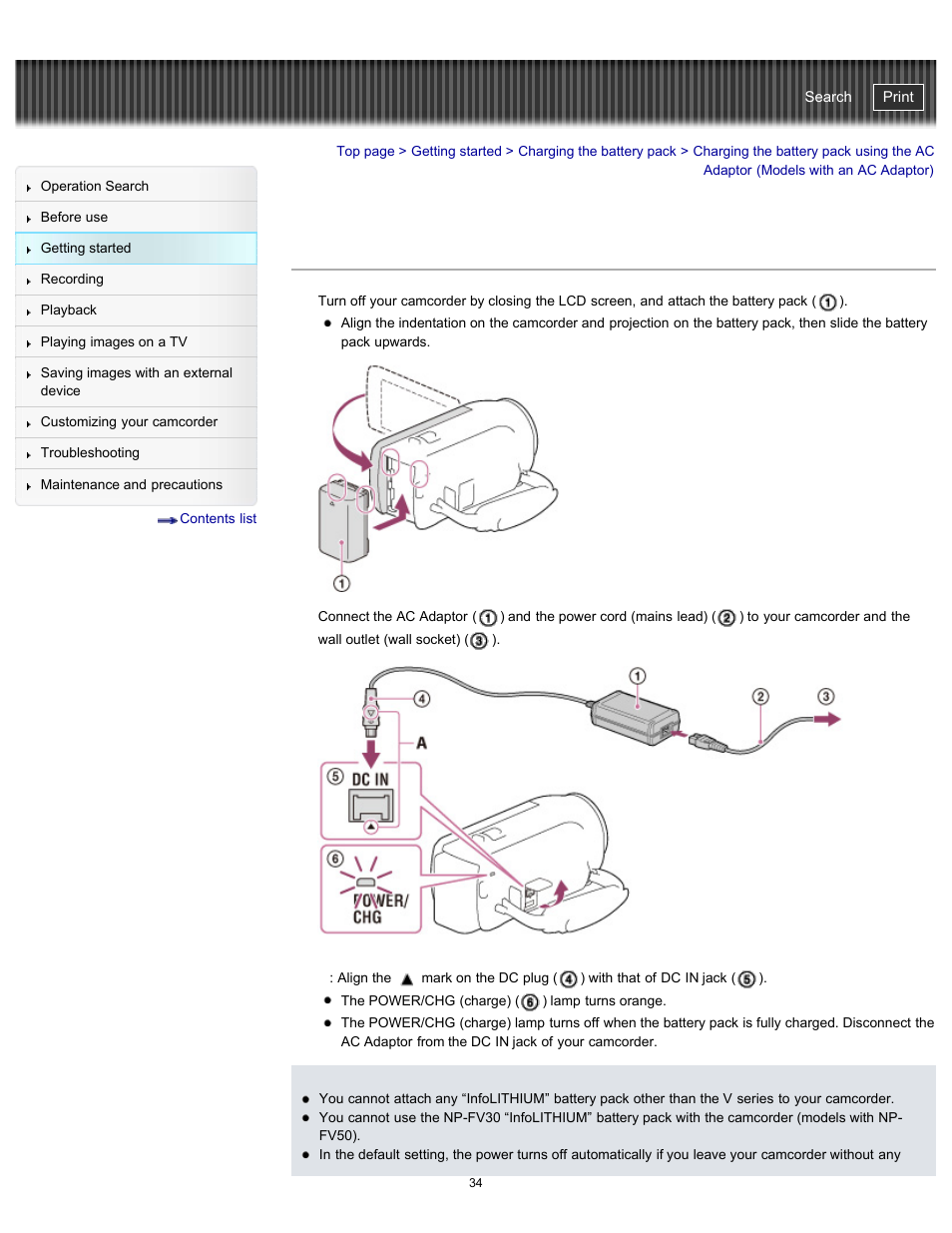 Charging the battery pack using the ac adaptor, Handycam" user guide | Sony HDR-CX290 User Manual | Page 41 / 213