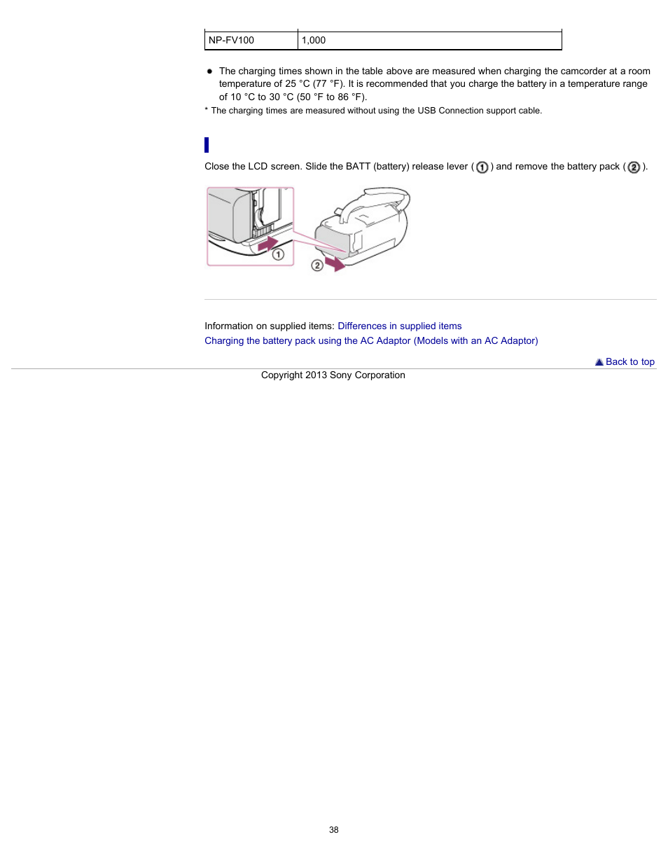 To remove the battery pack | Sony HDR-CX290 User Manual | Page 45 / 213