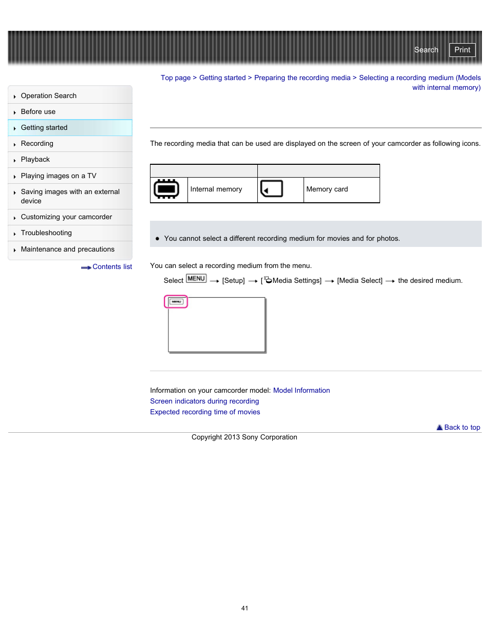 Selecting a recording medium, Handycam" user guide | Sony HDR-CX290 User Manual | Page 48 / 213