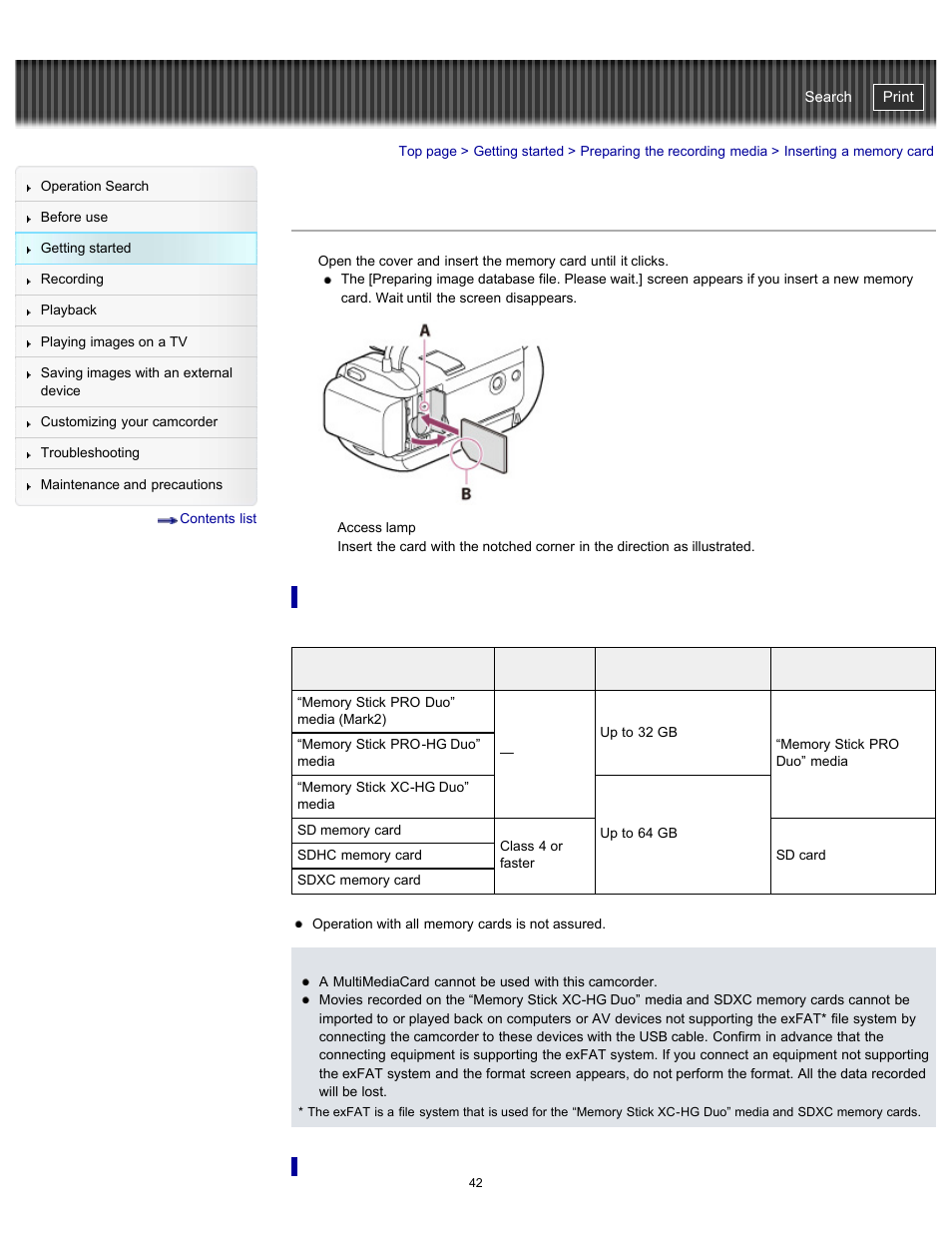 Inserting a memory card, Handycam" user guide | Sony HDR-CX290 User Manual | Page 49 / 213