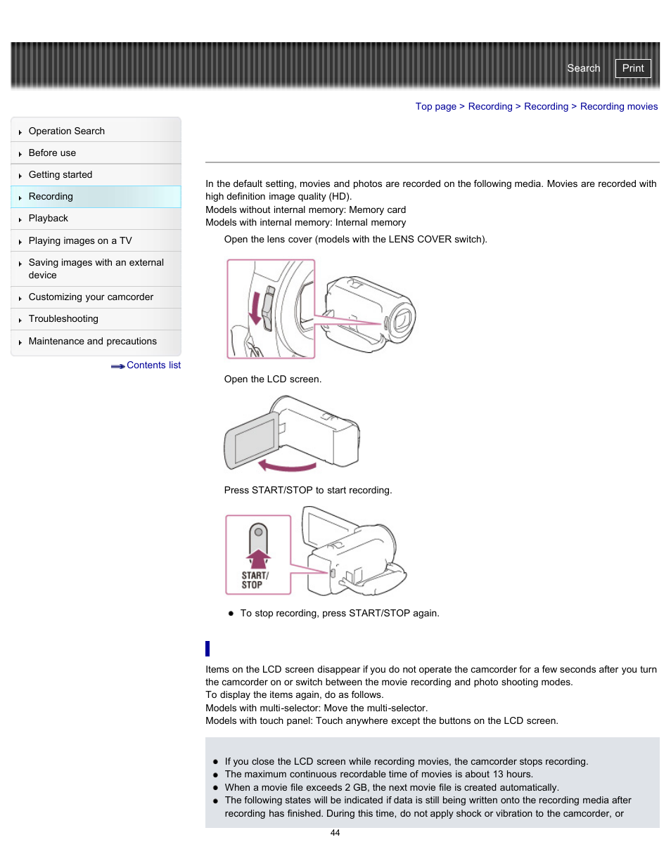 Recording movies, Handycam" user guide | Sony HDR-CX290 User Manual | Page 51 / 213