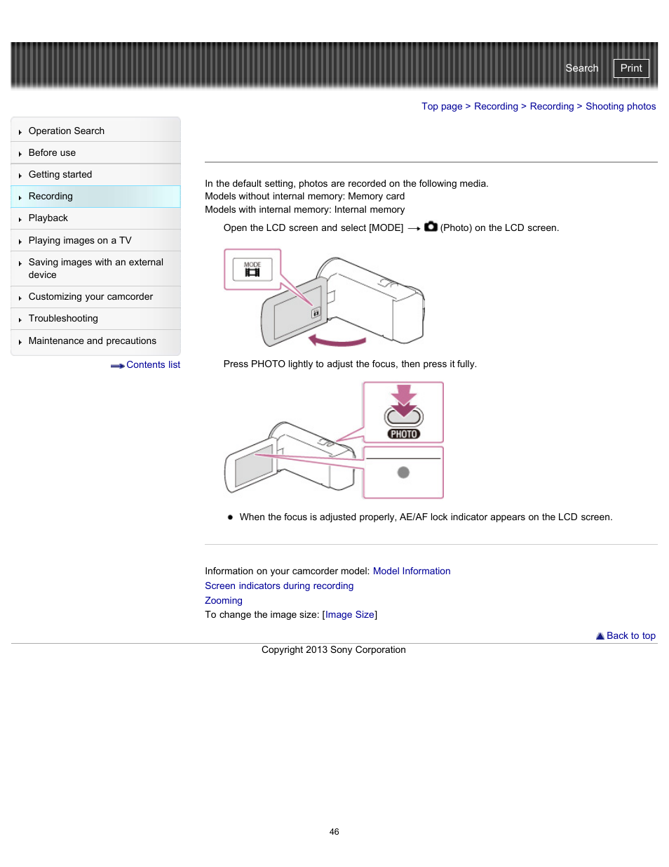 Shooting photos, Handycam" user guide | Sony HDR-CX290 User Manual | Page 53 / 213