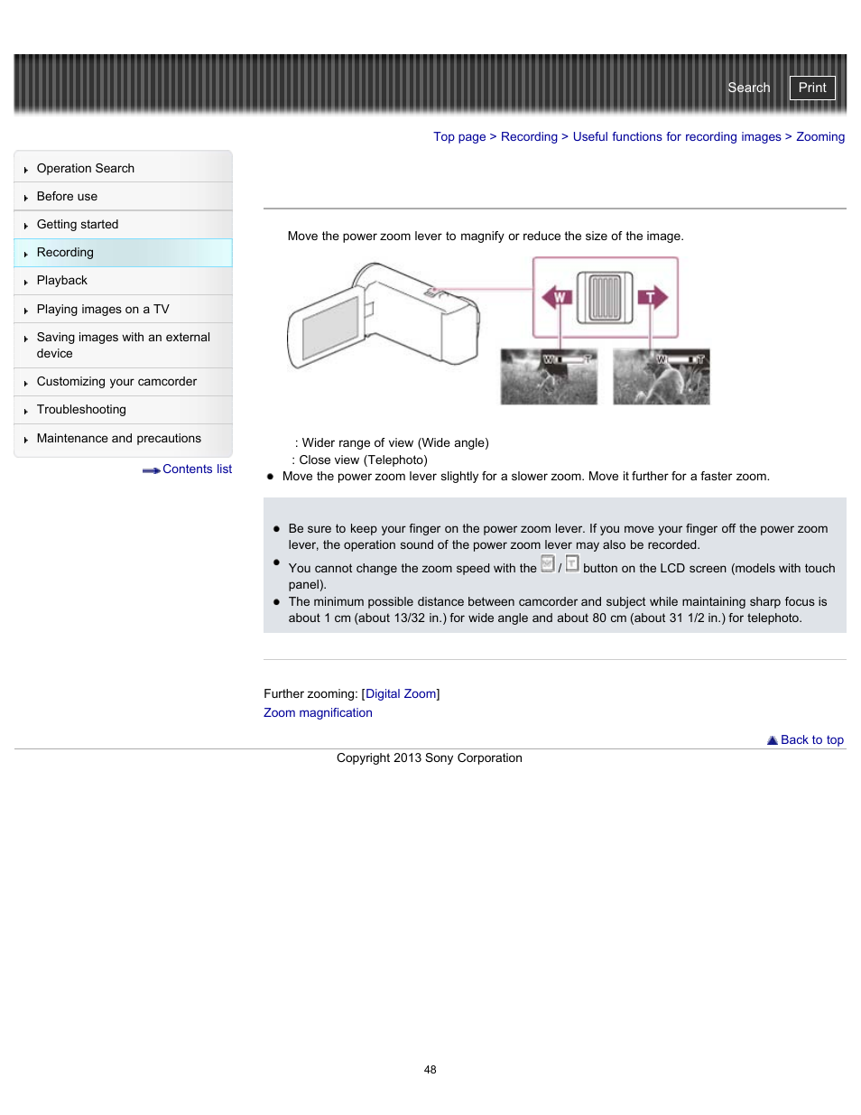 Zooming, Handycam" user guide | Sony HDR-CX290 User Manual | Page 55 / 213