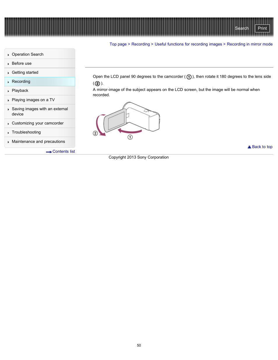 Recording in mirror mode, Handycam" user guide | Sony HDR-CX290 User Manual | Page 57 / 213