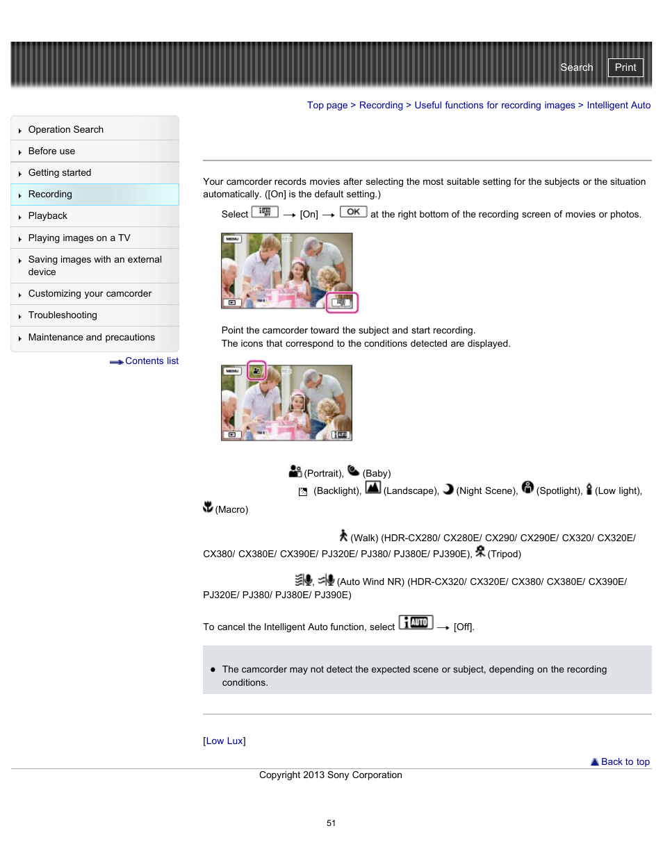 Intelligent auto, Handycam" user guide | Sony HDR-CX290 User Manual | Page 58 / 213