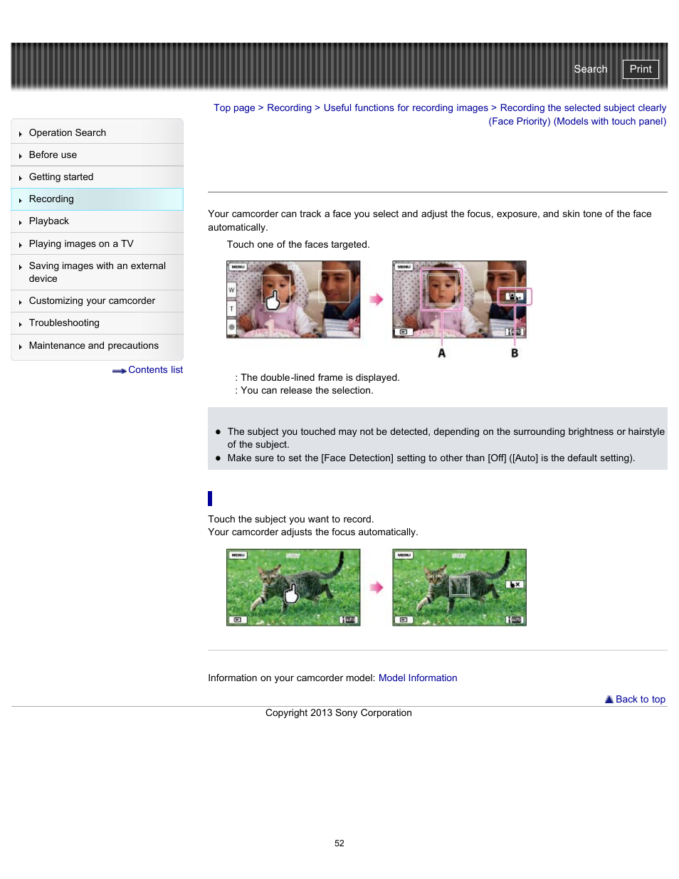 Recording the selected subject clearly, Handycam" user guide | Sony HDR-CX290 User Manual | Page 59 / 213