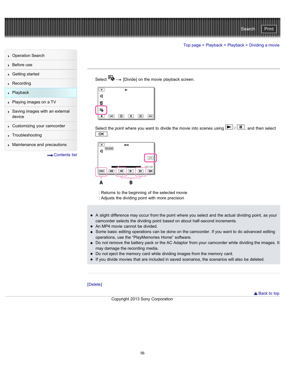 Dividing a movie, Handycam" user guide | Sony HDR-CX290 User Manual | Page 63 / 213