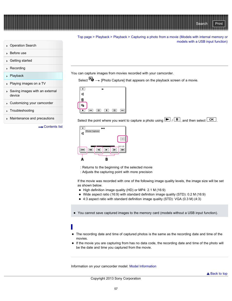 Capturing a photo from a movie, Function), Handycam" user guide | Sony HDR-CX290 User Manual | Page 64 / 213