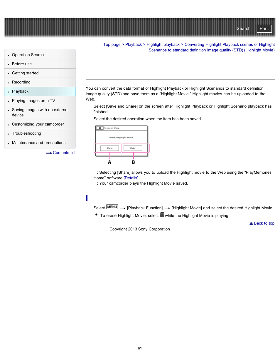 To play back a highlight movie, Standard definition image quality, Quality (std) (highlight movie) | Handycam" user guide | Sony HDR-CX290 User Manual | Page 68 / 213