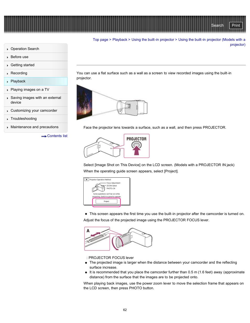 Using the built-in projector, Handycam" user guide | Sony HDR-CX290 User Manual | Page 69 / 213