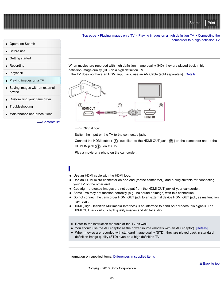 Connecting the camcorder to a high definition tv, On an hdmi cable, Handycam" user guide | Sony HDR-CX290 User Manual | Page 72 / 213