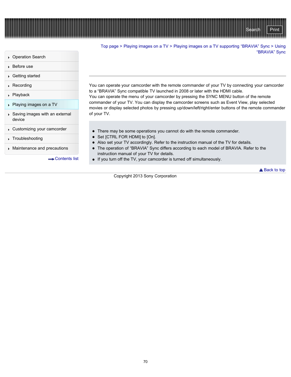 Using “bravia” sync, Handycam" user guide | Sony HDR-CX290 User Manual | Page 77 / 213