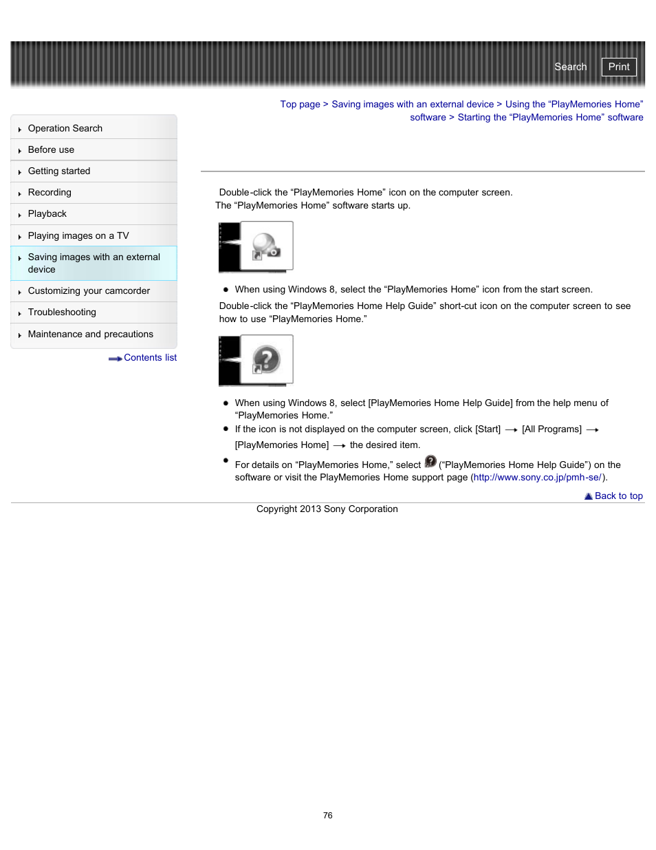 Starting the “playmemories home” software, Details, Handycam" user guide | Sony HDR-CX290 User Manual | Page 83 / 213