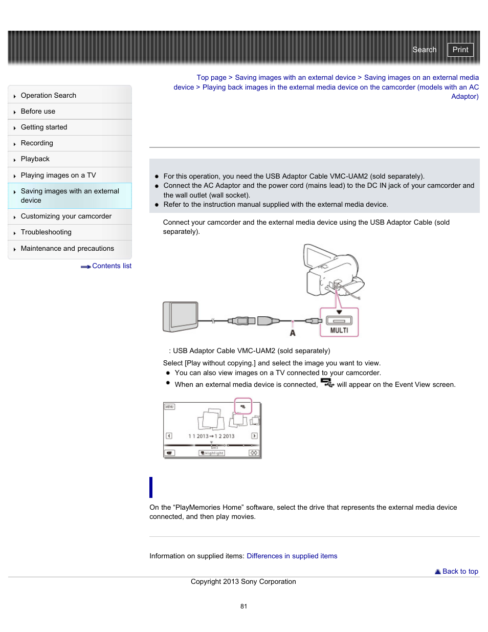 Adaptor), Handycam" user guide | Sony HDR-CX290 User Manual | Page 88 / 213