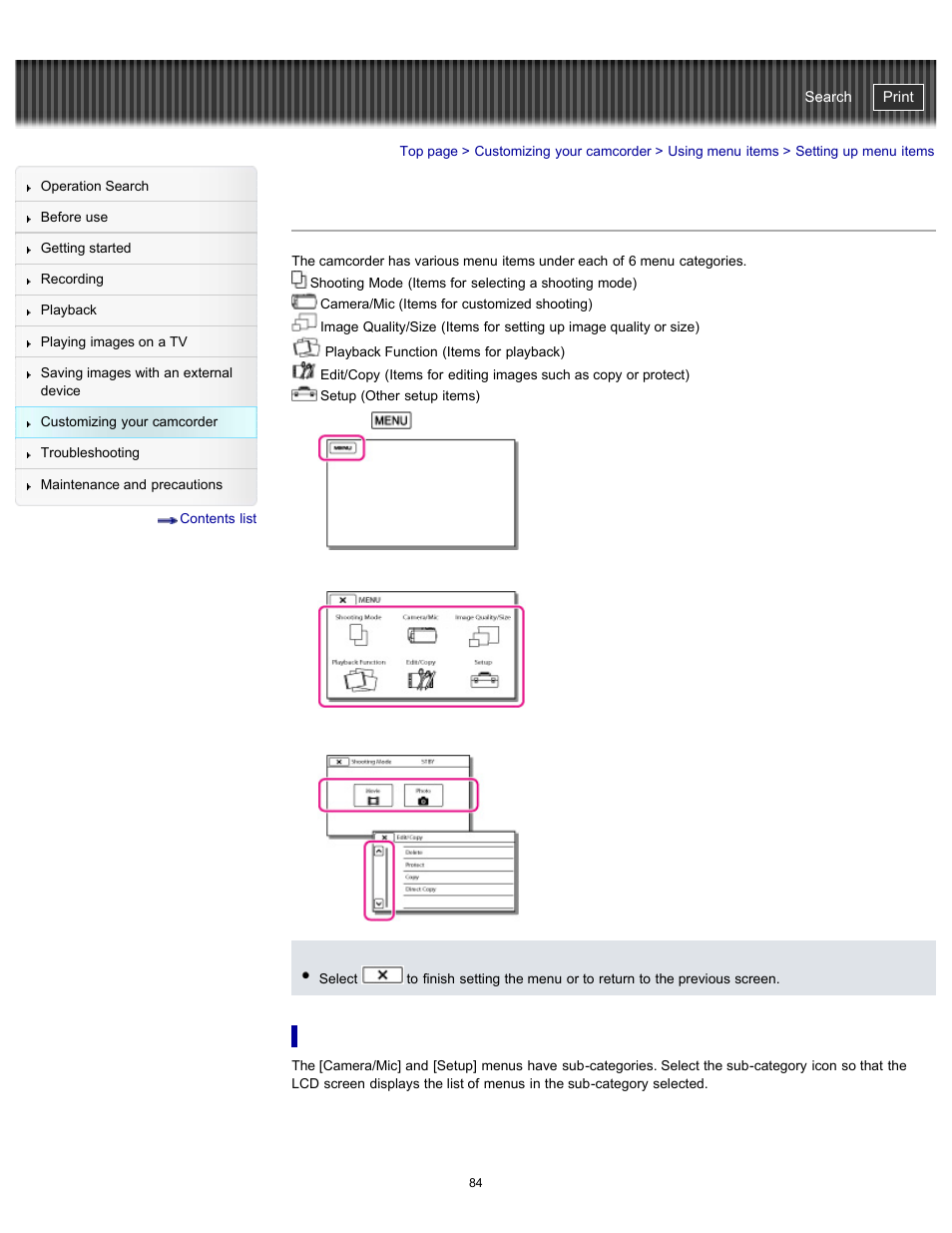 Setting up menu items, Handycam" user guide | Sony HDR-CX290 User Manual | Page 91 / 213