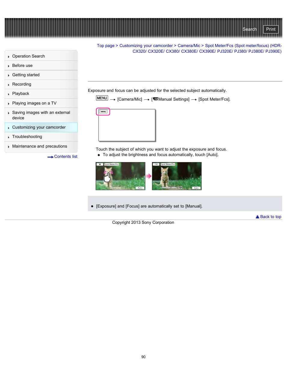 Spot meter/fcs (spot meter/focus), Pj320e/ pj380/ pj380e/ pj390e), Handycam" user guide | Sony HDR-CX290 User Manual | Page 97 / 213