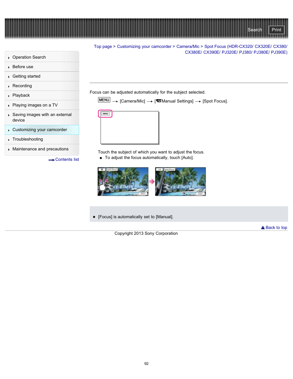 Spot focus, Pj390e), Handycam" user guide | Sony HDR-CX290 User Manual | Page 99 / 213