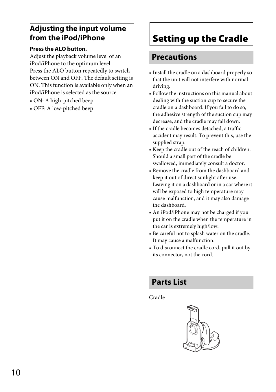 Setting up the cradle, Precautions, Parts list | Adjusting the input volume from the ipod/iphone | Sony XDP-MU110 User Manual | Page 10 / 44