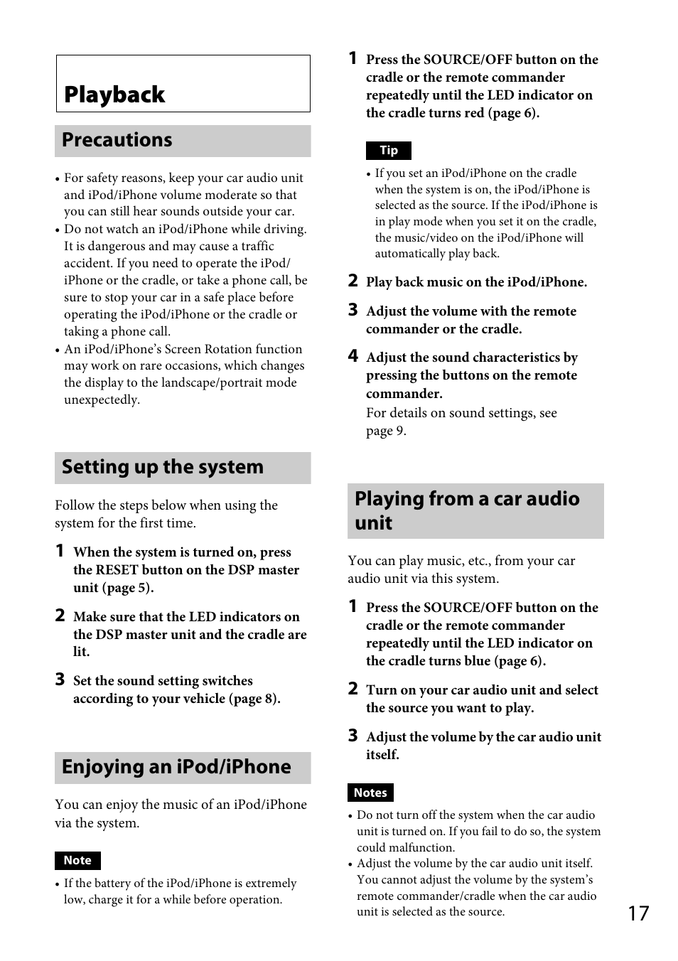 Playback, Precautions, Setting up the system | Enjoying an ipod/iphone, Playing from a car audio unit | Sony XDP-MU110 User Manual | Page 17 / 44