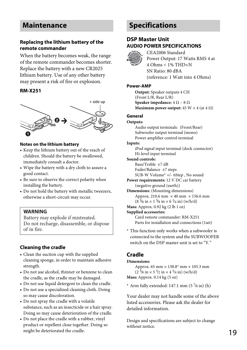 Maintenance, Specifications, Dsp master unit | Cradle | Sony XDP-MU110 User Manual | Page 19 / 44