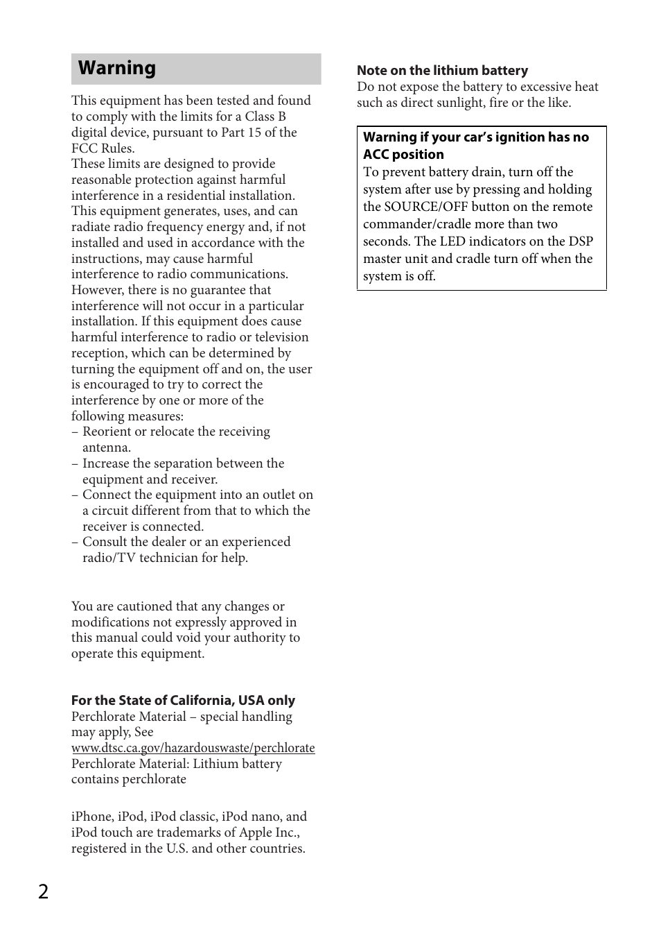 Warning | Sony XDP-MU110 User Manual | Page 2 / 44