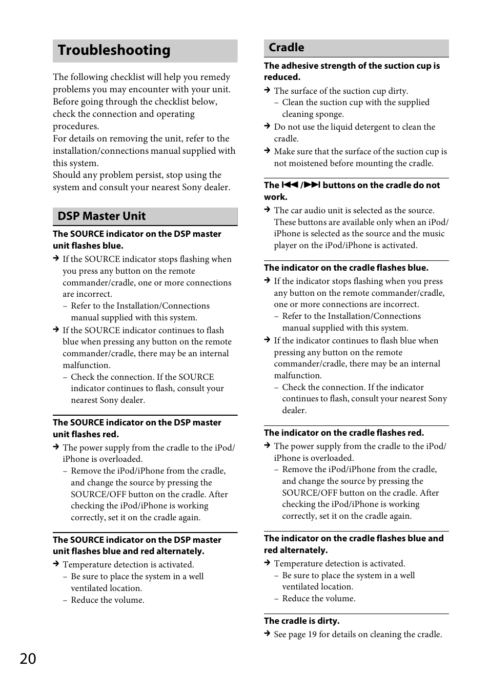 Troubleshooting, E 20), Dsp master unit | Cradle | Sony XDP-MU110 User Manual | Page 20 / 44